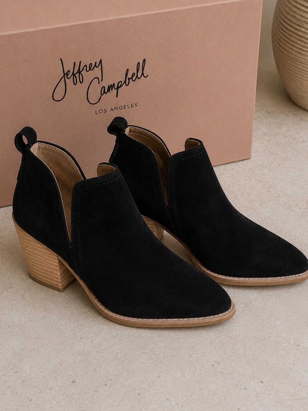 Jeffrey Campbell Black Suede Rosalee Booties Size 9.5 V Cut Stacked Heel Western